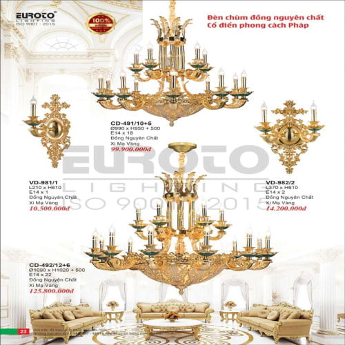 Đèn chùm đồng Euroto CD-491/10+5, CD-492/12+6, VD-981/1, VD-982/2