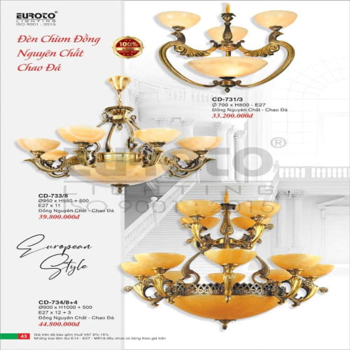 Đèn chùm đồng Euroto CD-731/3, CD-733/8, CD-734/8+4