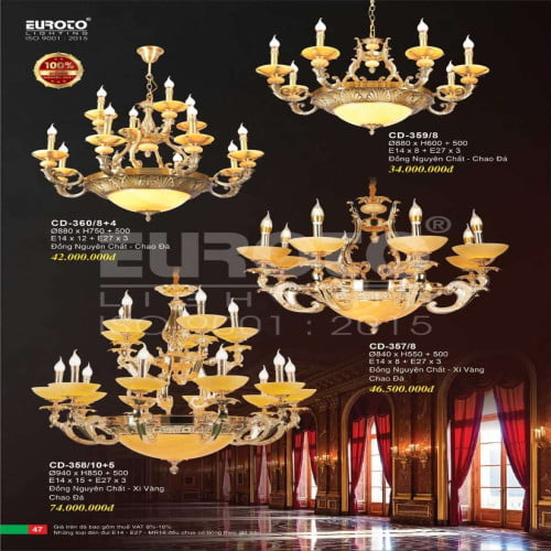 Đèn chùm đồng Euroto CD-357/8, CD-359/8, CD-358/10+5, CD-360/8+4