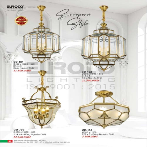 Đèn chùm đồng Euroto CD-190, CD-191, CD-192, CD-786