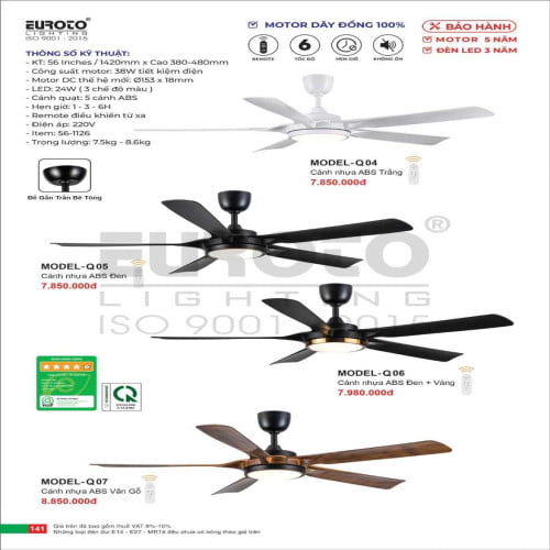 Quạt trần Euroto MODEL-Q04, MODEL-Q05, MODEL-Q06, MODEL-Q07