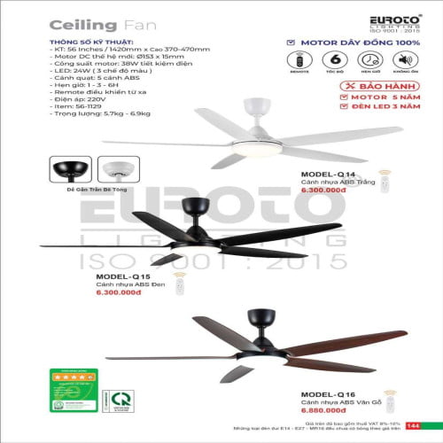 Quạt trần Euroto MODEL-Q14, MODEL-Q15, MODEL-Q16