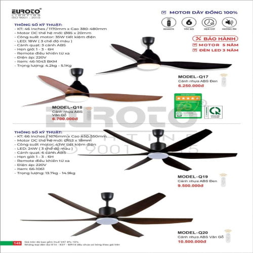 Quạt trần Euroto MODEL-Q17, MODEL-Q18, MODEL-Q19, MODEL-Q20