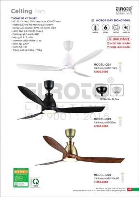 Quạt trần Euroto MODEL-Q21, MODEL-Q22, MODEL-Q23