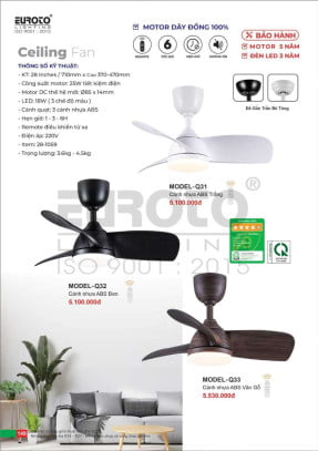 Quạt trần Euroto MODEL-Q31, MODEL-Q32, MODEL-Q33