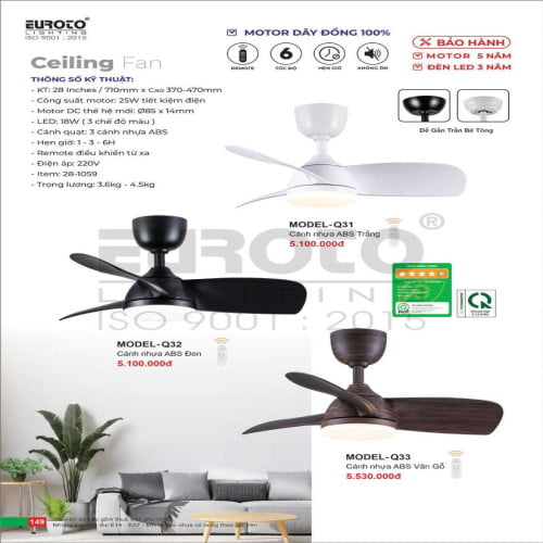 Quạt trần Euroto MODEL-Q31, MODEL-Q32, MODEL-Q33
