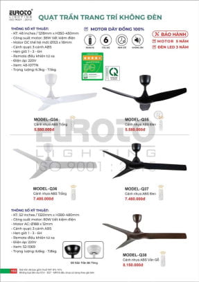 Quạt trần Euroto MODEL-Q34, MODEL-Q35, MODEL-Q36, MODEL-Q37, MODEL-Q38