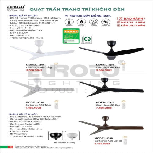 Quạt trần Euroto MODEL-Q34, MODEL-Q35, MODEL-Q36, MODEL-Q37, MODEL-Q38