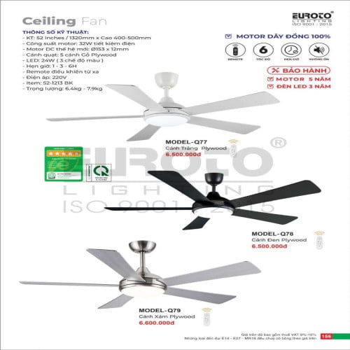Quạt trần Euroto MODEL-Q77, MODEL-Q78, MODEL-Q79