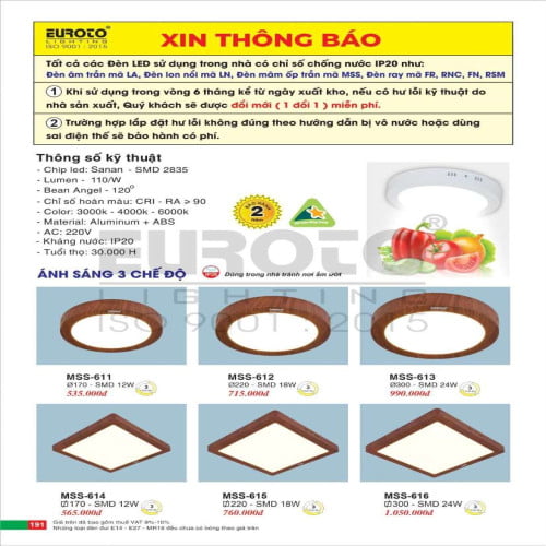 Đèn mâm áp trần Euroto MSS-611, MSS-612, MSS-613, MSS-614, MSS-615, MSS-616