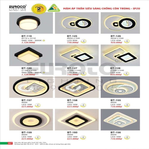 Đèn mâm áp trần Euroto BT-119, BT-120, BT-125, BT-126, BT-127, BT-128, BT-155, BT-156, BT-157, BT-158, BT-159, BT-160