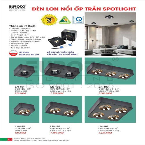 Đèn lon nổi ốp trần spotlight Euroto LN-191, LN-192, LN-195, LN-196, LN-197, LN-198