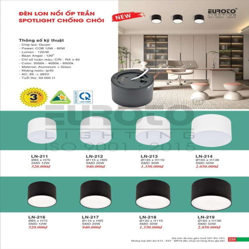 Đèn lon nổi ốp trần spotlight Euroto LN-211, LN-212, LN-213, LN-214, LN-216, LN-217, LN-218, LN-219
