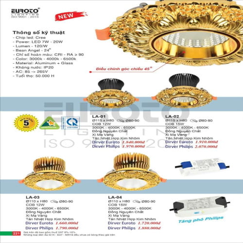 Đèn led âm trần spotlight cổ điển Euroto LA-01, LA-02, LA-03, LA-04