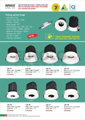 Đèn led âm trần spotlight Euroto LA-11, LA-12, LA-13, LA-14, LA-15, LA-16, LA-17, LA-18