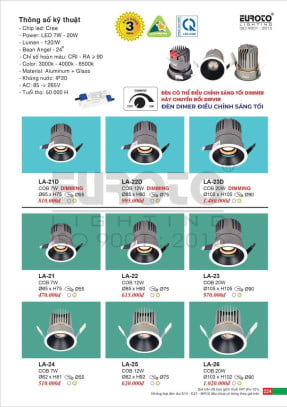 Đèn led âm trần dimer điều chỉnh sáng tối Euroto LA-21D, LA-22D, LA-23D, LA-21, LA-22, LA-23, LA-24, LA-25, LA-26