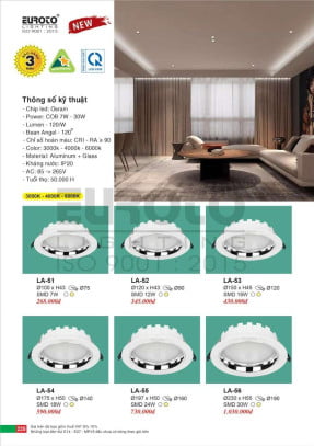 Đèn led âm trần Euroto LA-51, LA-52, LA-53, LA-54, LA-55, LA-56