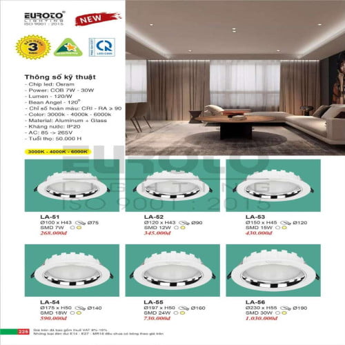 Đèn led âm trần Euroto LA-51, LA-52, LA-53, LA-54, LA-55, LA-56