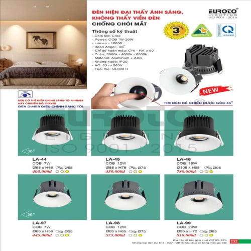 Đèn led âm trần spotlight Euroto LA-44, LA-45, LA-46, LA-97, LA-98, LA-99