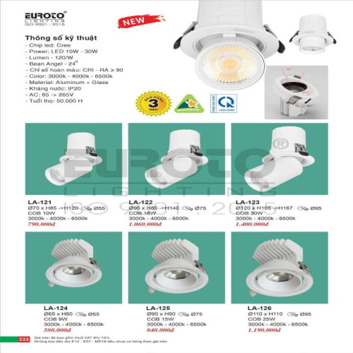 Đèn led âm trần Euroto LA-121, LA-122, LA-123, LA-124, LA-125, LA-126