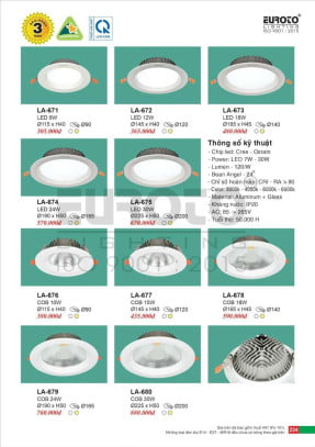 Đèn led âm trần Euroto LA-671, LA-672, LA-673, LA-674, LA-675, LA-676, LA-677, LA-678, LA-679, LA-680