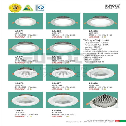 Đèn led âm trần Euroto LA-671, LA-672, LA-673, LA-674, LA-675, LA-676, LA-677, LA-678, LA-679, LA-680