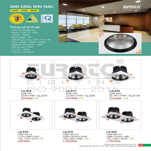 Đèn led âm trần Euroto LA-515, LA-516, LA-517, LA-518, LA-519, LA-520