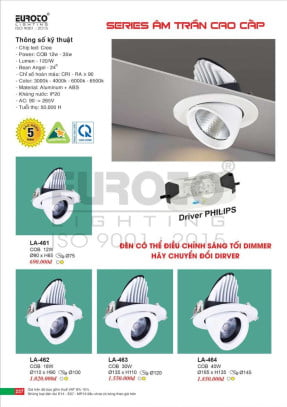 Đèn led âm trần Euroto LA-461, LA-462, LA-463, LA-464