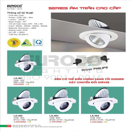 Đèn led âm trần Euroto LA-461, LA-462, LA-463, LA-464