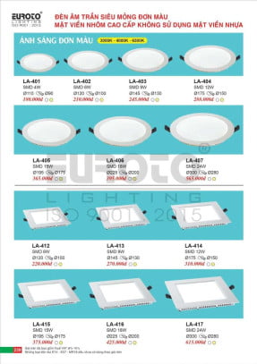 Đèn led âm trần Euroto LA-401, LA-402, LA-403, LA-404, LA-405, LA-406, LA-407, LA-412, LA-413, LA-414, LA-415, LA-416, LA-417