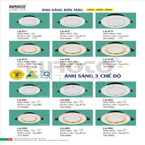 Đèn led âm trần Euroto LA-571, LA-572, LA-573, LA-574, LA-575, LA-576, LA-581, LA-582, LA-583, LA-584, LA-585, LA-586