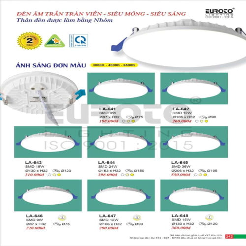 Đèn led âm trần tràn viền Euroto LA-641, LA-642, LA-643, LA-644, LA-645, LA-646, LA-647, LA-648