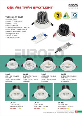 Đèn led âm trần spotlight Euroto LA-47, LA-48, LA-49, LA-50, LA-494, LA-495, LA-496