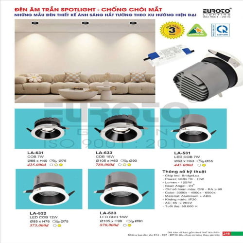 Đèn led âm trần spotlight Euroto LA-531, LA-532, LA-533, LA-631, LA-633