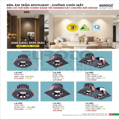 Đèn led âm trần spotlight Euroto LA-557, LA-558, LA-559, LA-560, LA-561, LA-562