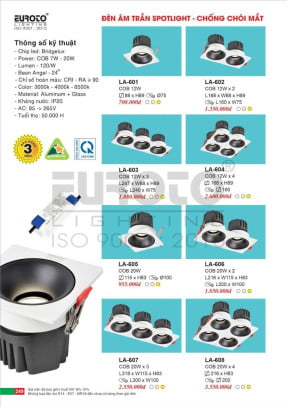 Đèn led âm trần spotlight Euroto LA-601, LA-602, LA-603, LA-604, LA-605, LA-606, LA-607, LA-608