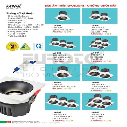 Đèn led âm trần spotlight Euroto LA-601, LA-602, LA-603, LA-604, LA-605, LA-606, LA-607, LA-608