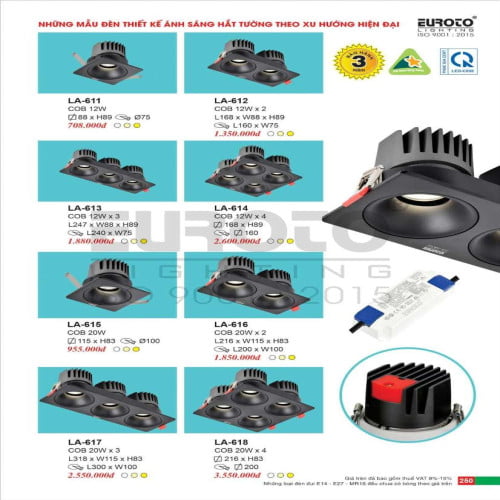 Đèn led âm trần spotlight Euroto LA-611, LA-612, LA-613, LA-614, LA-615, LA-616, LA-617, LA-618