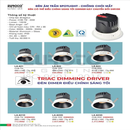 Đèn led âm trần spotlight Euroto LA-621, LA-622, LA-623, LA-621D, LA-622D, LA-623D