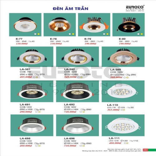Đèn led âm trần Euroto E-77, E-78, E-79, E-80, LA-381, LA-382, LA-385, LA-691, LA-692, LA-695, LA-696, LA-110, LA-111