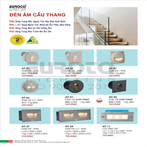 Đèn âm cầu thang Euroto AT-01, AT-02, AT-03, AT-07, AT-51, AT-52, AT-11, AT-27, AT-28