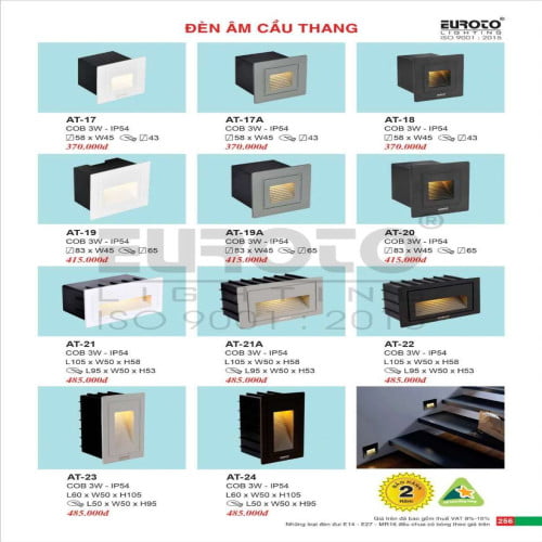 Đèn âm cầu thang Euroto AT-17, AT-17A, AT-18, AT-19, AT-19A, AT-20, AT-21, AT-21A, AT-22, AT-23, AT-24