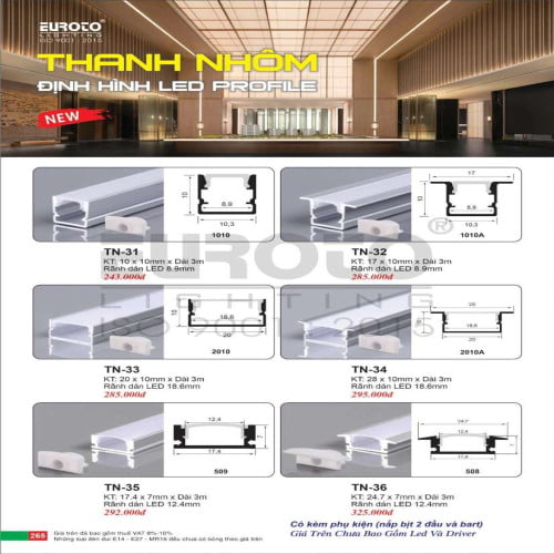 Thanh nhôm định hình led profile Euroto TN-31, TN-32, TN-33, TN-34, TN-35, TN-36