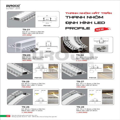 Thanh nhôm định hình led profile Euroto TN-21, TN-23, TN-24, TN-25, TN-26, TN-27, TN-28