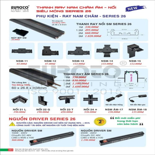 Thanh ray nam châm âm nổi series 26 Euroto, nguồn driver series 26 Euroto