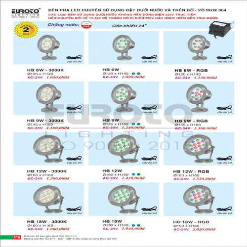Đèn pha đặt dưới nước và trên bờ Euroto HB 6W, HB 9W, HB 12W, HB 18W