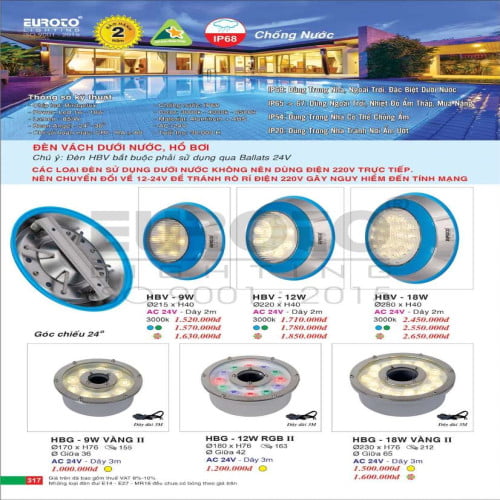 Đèn vách dưới nước, hồ bơi Euroto HBV 9W, HBV 12W, HBV 18W, HBG 9W, HBG 12W, HBG 18W