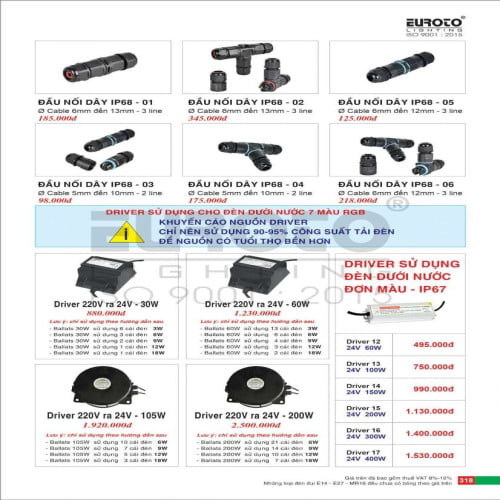 Đầu nối dây, Driver sử dụng cho đèn dưới nước 7 màu RGB, Driver sử dụng cho đèn dưới nước đơn màu