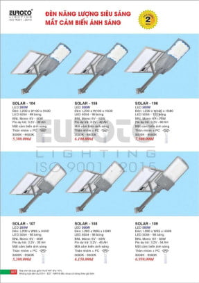 Đèn đường năng lượng mặt trời Euroto SOLAR - 104, SOLAR - 105, SOLAR - 106, SOLAR - 107, SOLAR - 108, SOLAR - 109
