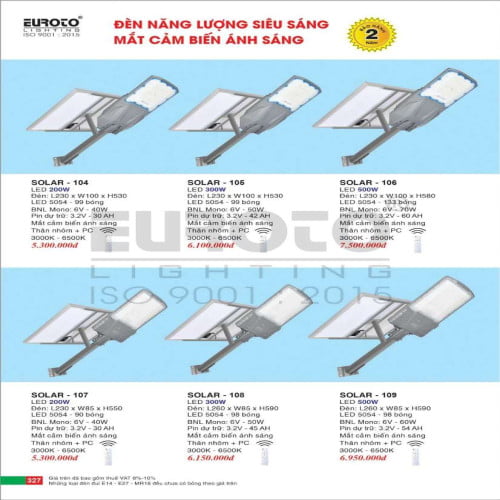 Đèn đường năng lượng mặt trời Euroto SOLAR - 104, SOLAR - 105, SOLAR - 106, SOLAR - 107, SOLAR - 108, SOLAR - 109